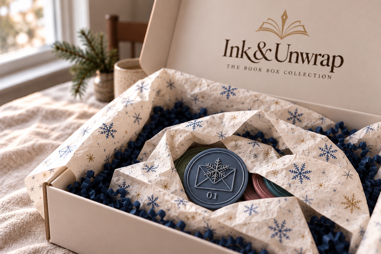 Ink & Unwrap January box open, showing snowflake tissue paper and token number 01